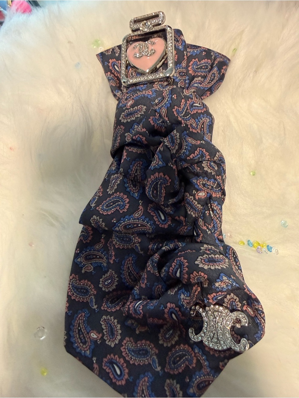 Crystal Accent Paisley Neck Scarf - Navy & Pink